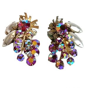 Retro Rhinestone Dazzlers Vintage Rhinestone Earrings Ear Clips Pink Iridescent
